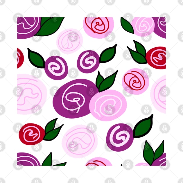 Floral Pink and Red Swirl Rose Berries and Leaves Pattern on White Backdrop, made by EndlessEmporium by EndlessEmporium