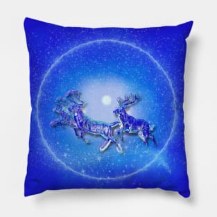 Christmas Collection Magic Reindeer flying in the Icy Glacial Winter Sky Pillow