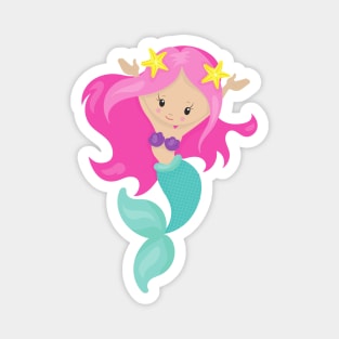 Cute Mermaid, Little Mermaid, Starfish, Pink Hair Magnet