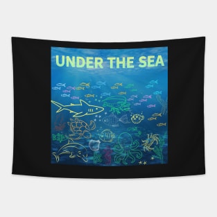 under the sea,blue sea,sea creatures,Turtle, puffer fish, starfish, shrimp, shark, tropical fish, sea horse, seaweed, sardines, squid, crabs, clams Tapestry