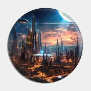 Lunar Metropolis: Futuristic Cityscape Illuminated by Alien Moonlight Pin