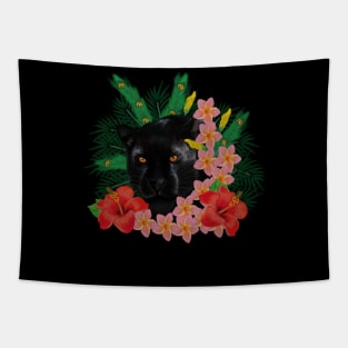 Black leopard Panther, Tropical Floral, Big Cat Tapestry