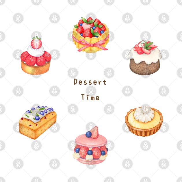 Fruit Dessert Illustration Pack 色鉛筆甜點插畫 - Charlotte Cake, Chiffon, Lemon and Strawberry Tart, Macaron, Blueberry Pound Cake by Rose Chiu Food Illustration