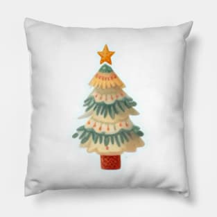 Watercolor, painting of a white green and red Christmas tree Pillow