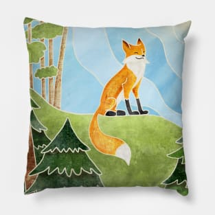 Cute Fox Smiling on a Hill in the Sun, Batik silk painting style Pillow