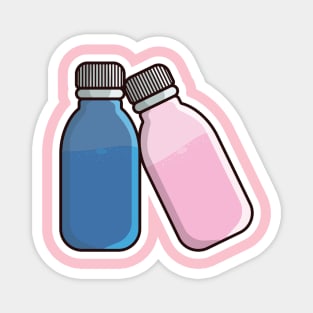 Two Cough Syrup Bottles vector illustration. Health and medical object icon concept. Cough bottle with herbal cough remedy, herbal medicine. Treatment of flu, illness, disease. Magnet