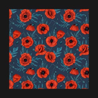 Poppies, red and blue on navy T-Shirt