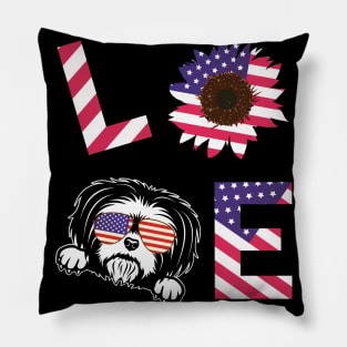 Cool US Flag Sunflowers Glasses Dog Face LOVE Shih Tzu Dog Americans Independence USA July 4th Day Pillow