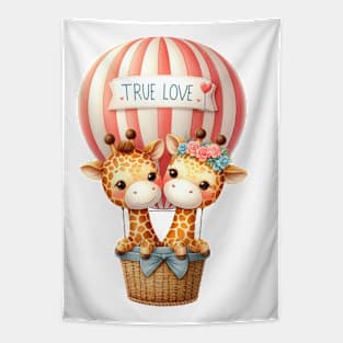 Valentine Giraffe Couple On Hot Air Balloon Tapestry