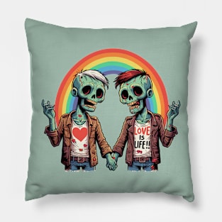 Love is Life, zombie gay couple with rainbow Pillow