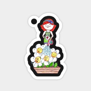 Girl Watering Flowers Magnet