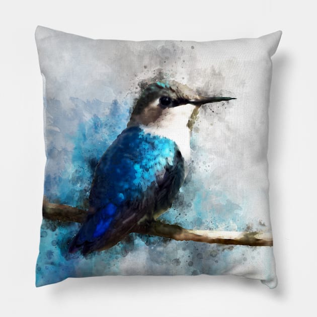 Dramabite Watercolor humming bird artsy artistic painting wildlife Pillow by dramabite