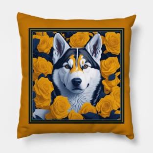 Dogs, Husky and flowers, dog, style vector (yellow version 2 Siberian Husky) Pillow