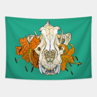 Tiger Skull with Tiger Lilies Tapestry