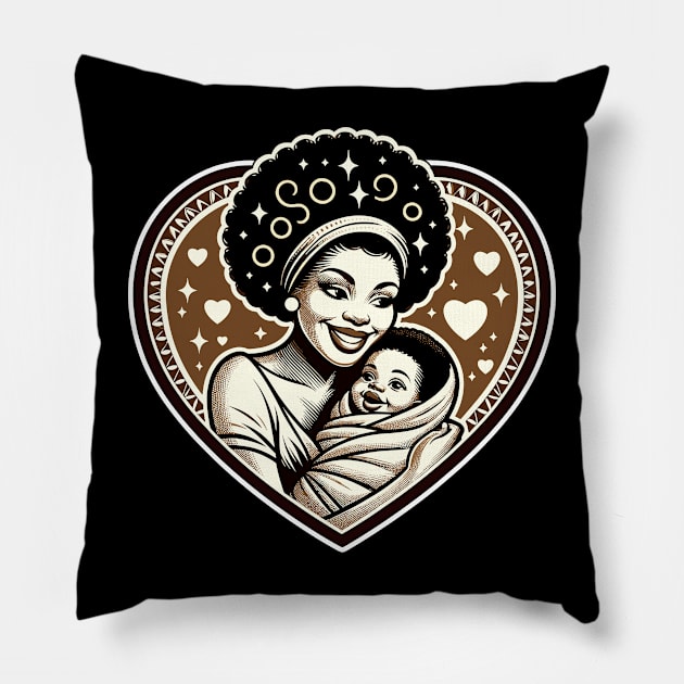 African mother. Vintage motherhood heart t-shirt, Retro Mom and baby love graphic tee, Unique mother's day gift Pillow by Cat In Orbit ®