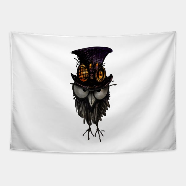 Funny Grumpy Steampunk Owl in a Steampunk Top Hat and Brass Goggles Tapestry by PaulStickland