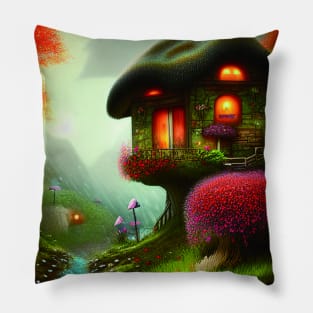 Sparkling Fantasy Cottage with Lights and Glitter Background in Forest, Scenery Nature Pillow