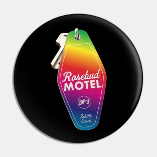 Schitt's Creek Rosebud Motel Key Tag, Retro design in Pride Flag Rainbow colors Pin