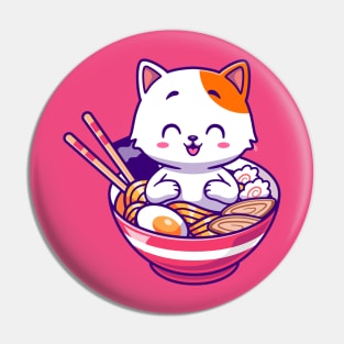 Cute Cat In Ramen Bowl Cartoon Pin