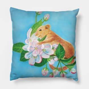 Common dormouse, hazel dormouse climbing in a spring blooming branch Pillow