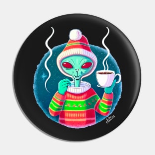Christmas Funny Alien Drinking Coffee Wearing Sweater Pin