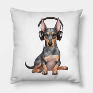 Watercolor Doberman Pinscher Dog with Headphones Pillow