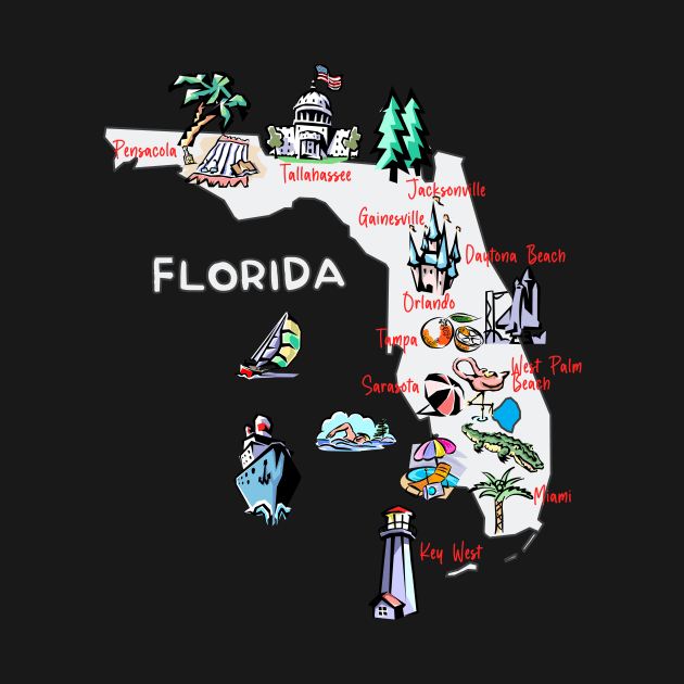 tourism map of Florida state, USA, major cities, attractions, flag by Mashmosh