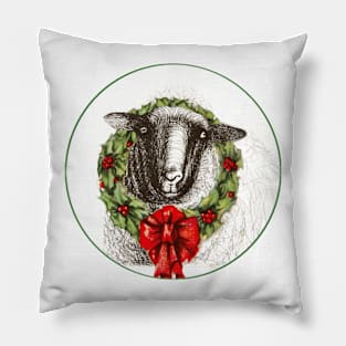 Sheep wearing a holly wreath with red bow Pillow