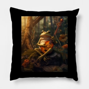 Cottagecore Aesthetic Frog Playing Banjo on Mushroom Cute Pillow