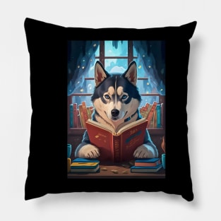 Cute Siberian husky reading book Pillow