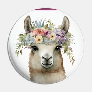 Single llama watercolor close up with flower headband crown Pin