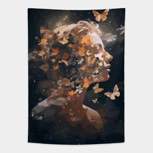 Butterfly Woman Face Lepidopterist Abstract Art Tapestry by Art-Jiyuu