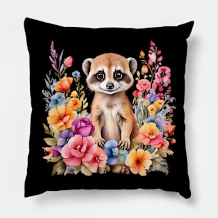 A meerkat decorated with beautiful watercolor flowers Pillow