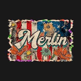 Merlin Thanksgiving Name Vintage Styles Color 70s 80s 90s T-Shirt