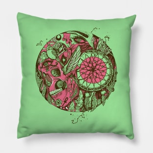 Pink Mint Skull and Dreamcatcher Circle Pillow