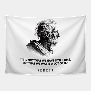 In time: quote and black and white portrait of the philosopher Seneca Tapestry