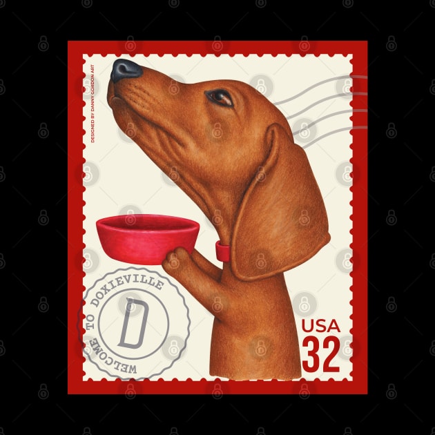 Cute dachshund wants another treat on vintage stamp by Danny Gordon Art