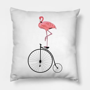 Funny Flamingo on Old Fashioned Penny Farthing Bicycle Pillow