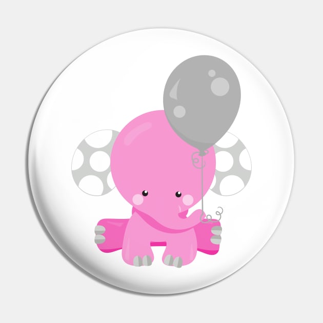 Elephant With Balloon, Pink Elephant, Cute Animal Pin by Jelena Dunčević