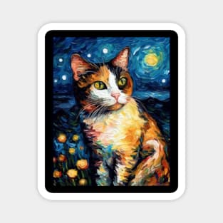 Starry Night Calico Cat Painting: Unique Feline Artwork with Whimsical Starry Sky Background Magnet