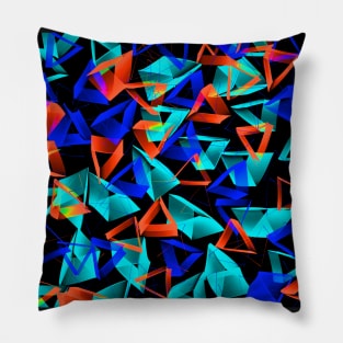 3D Blue Aqua and Orange Triangles on Black Abstract Pillow