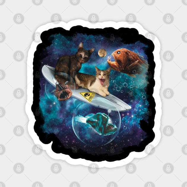 Surfing space cats with space fish Magnet by starwilliams