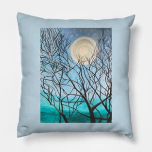 Winter moon landscape painting with trees Pillow