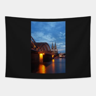 Cologne Cathedral, Dom, Hohenzollern Bridge, dusk, Cologne, Germany Tapestry