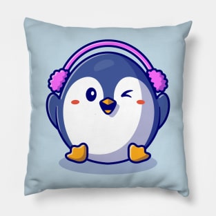 Cute Penguin Wearing Earmuff Cartoon Pillow