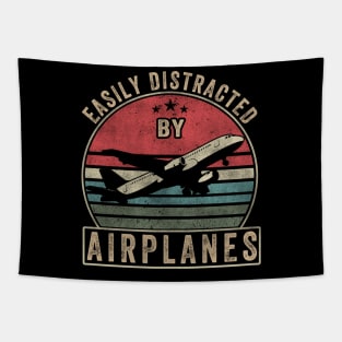 Easily Distracted By Airplanes Retro Airplane Funny Pilot Tapestry