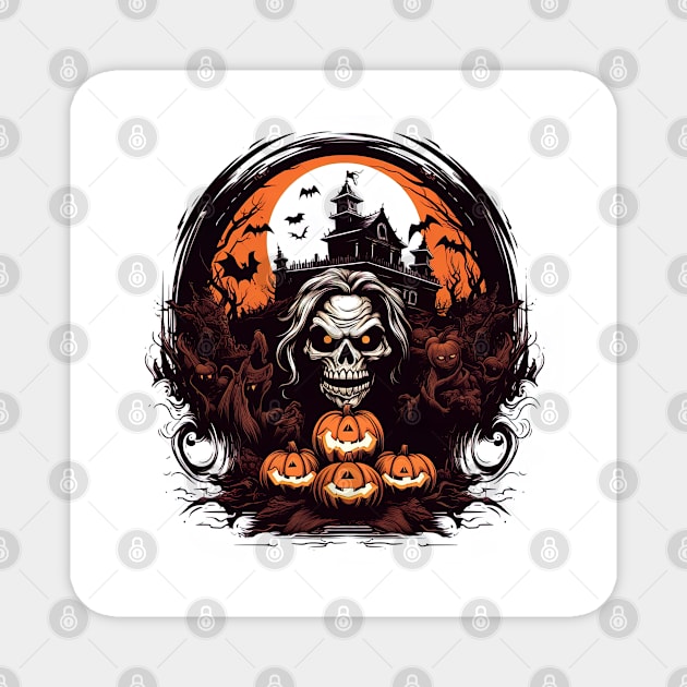 scary witch with pumpkins Magnet by Maverick Media