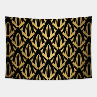 Gold Foil on Black Retro Vintage Art Deco Geometric Cross-Hatched Cone Pattern Tapestry