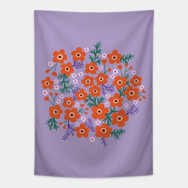 Buttercup garden in coral and lavender Tapestry by Natalisa
