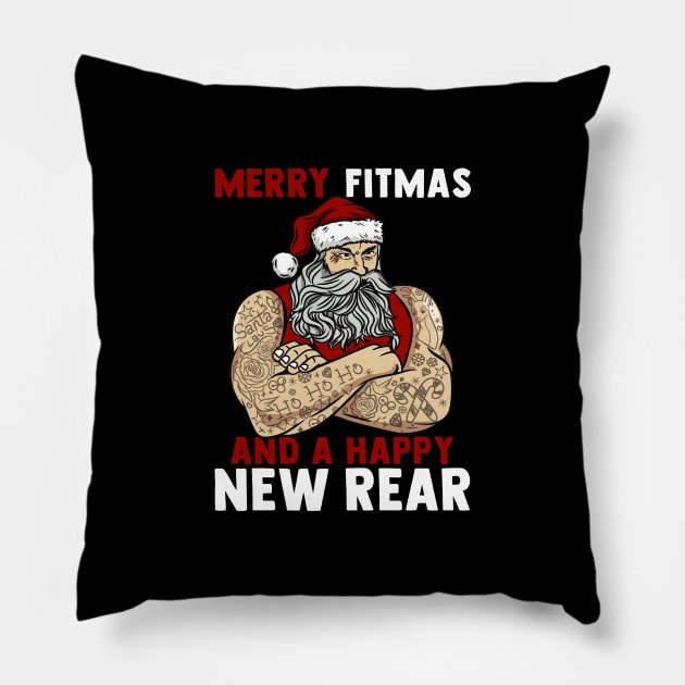 Merry Fitmas And A Happy New Rear I Christmas Fitness Santa graphic Pillow by biNutz